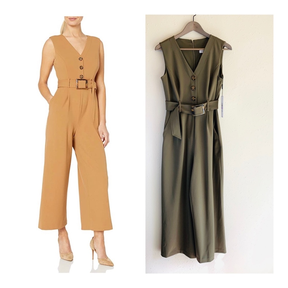Calvin Klein V-Neck Belt Wide Leg Women’s Pea Green Jumpsuit Size 6 NWT